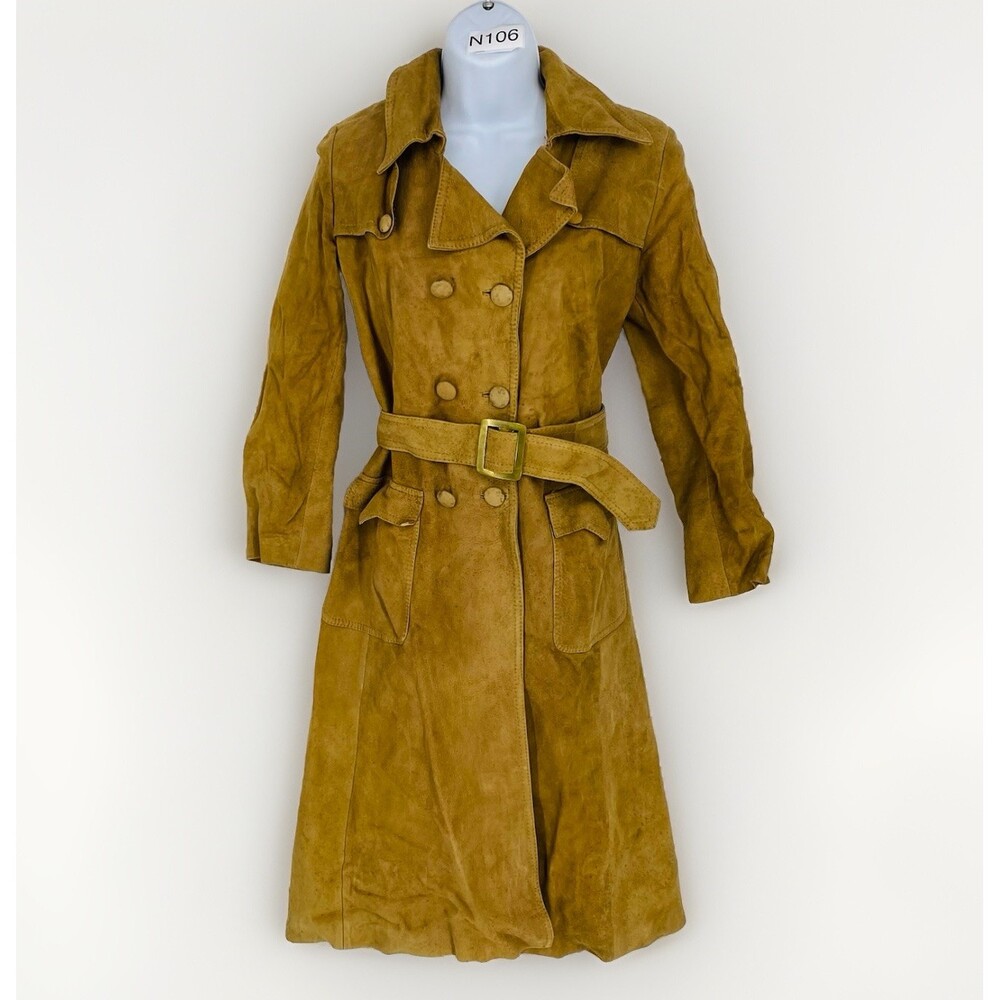 Vintage Nubuck Suede Bosfor Tan Leather Trench Coat Fall Fashion Size 48 Small - Picture 1 of 10